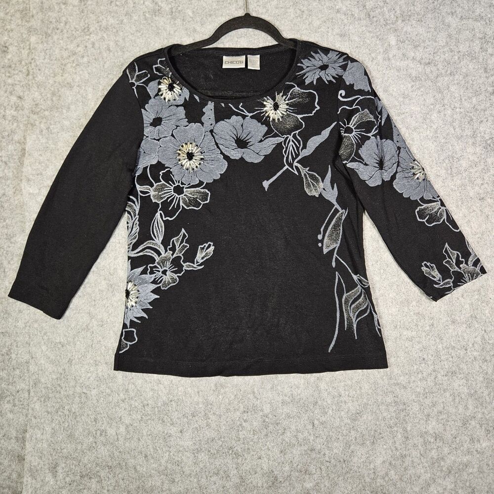 Chicos Womens Black Floral Embellished Metallic 3/4 Sleeve Top Elegant Size 1/8